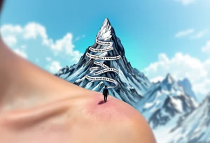 "Kdyz nejde hora k Mohamedovi, musi Mohamed k hore." — A small figure walking toward a majestic gray mountain under a blue sky, with the quote winding around the peak. tattoo idea