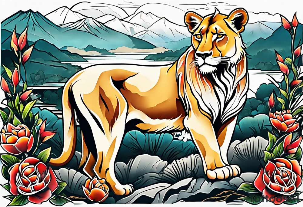 A lioness in a landscape. tattoo idea