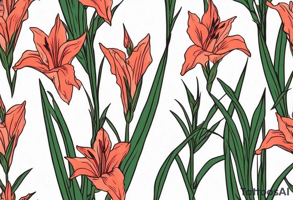 a thin narrow gladiolus stalk. green leaves. coral-colored flowers with red centers. tattoo idea