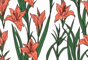 a thin narrow gladiolus stalk. green leaves. coral-colored flowers with red centers. tattoo idea
