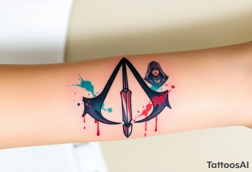Assassins Creed emblem with hooded character, NO FACE, with blood splashes and a sword tattoo idea