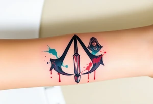 Assassins Creed emblem with hooded character, NO FACE, with blood splashes and a sword tattoo idea