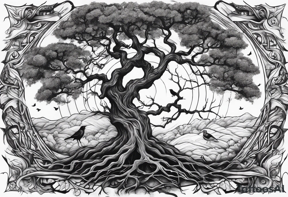 strong, poison tree, branches, roots, birds, tall, full moon tattoo idea