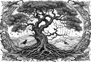 strong, poison tree, branches, roots, birds, tall, full moon tattoo idea