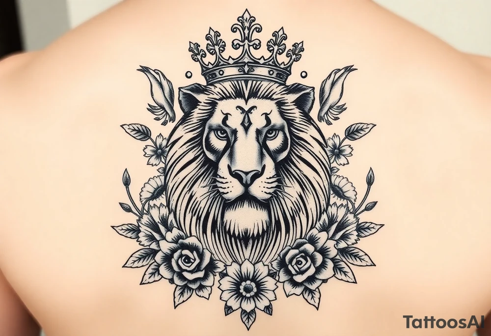 powerful majestic lion with a crown, surrounded by floral ornaments and birds tattoo idea