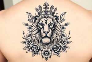 powerful majestic lion with a crown, surrounded by floral ornaments and birds tattoo idea