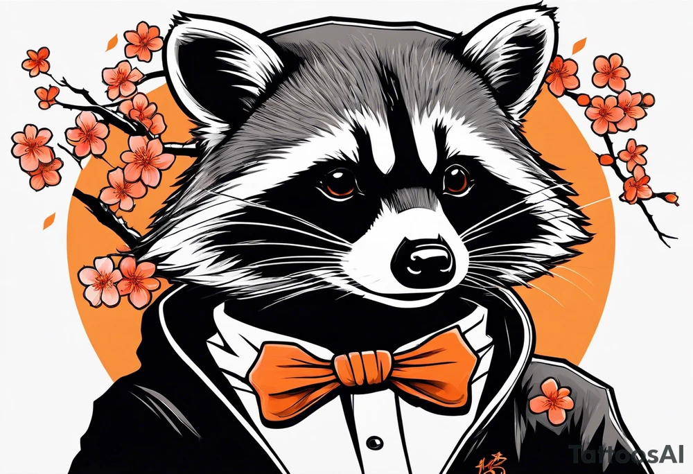 Raccoon wearing a white Superman logo on a black hoodie and orange Japanese cherry blossoms tattoo idea