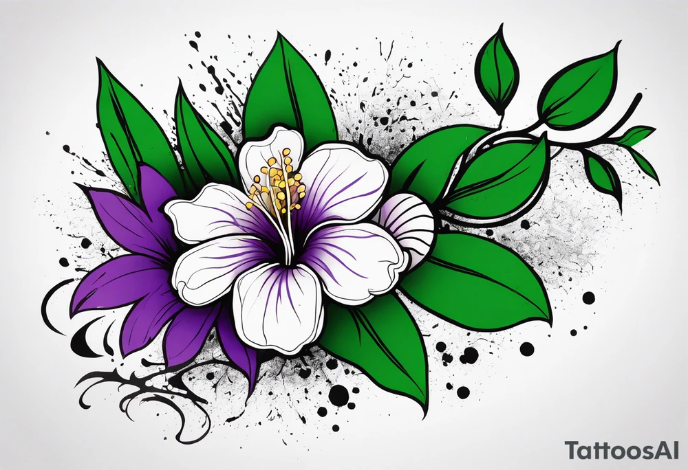 An outline of a rio dipladenia flower with a splatter green and purple background tattoo idea