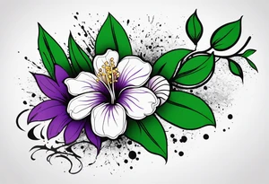 An outline of a rio dipladenia flower with a splatter green and purple background tattoo idea