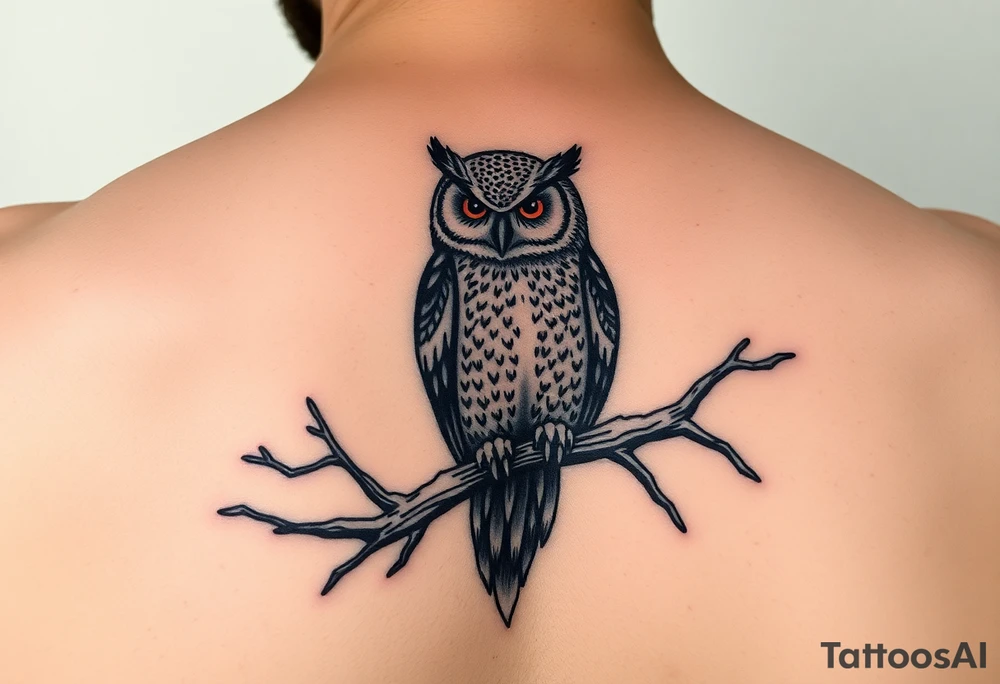 wise owl perched on ancient oak branch under starlit sky tattoo idea