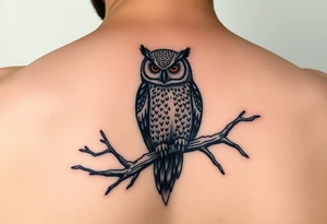 wise owl perched on ancient oak branch under starlit sky tattoo idea