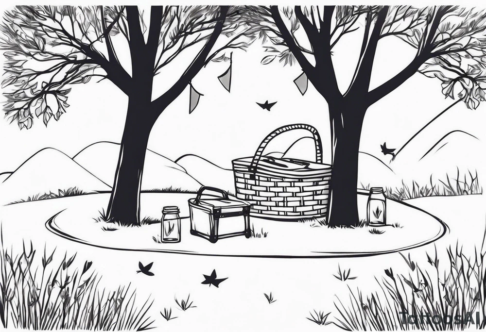 Very light and minimalstic picnic scene on meadow. A blanket, picnic-basket with lid, pennants in two trees. Thin lines. tattoo idea