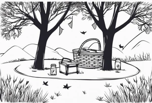 Very light and minimalstic picnic scene on meadow. A blanket, picnic-basket with lid, pennants in two trees. Thin lines. tattoo idea