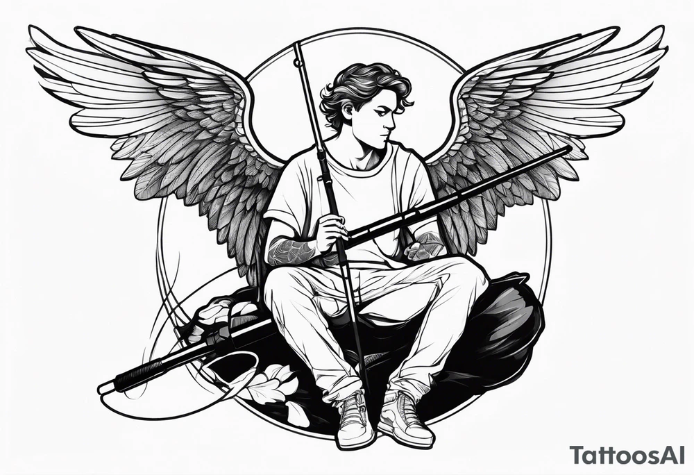 male angel with a halo sitting peacefully holding a modern fishing rod tattoo idea