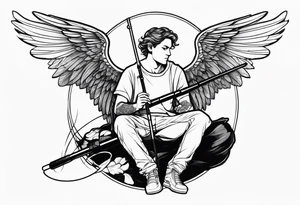 male angel with a halo sitting peacefully holding a modern fishing rod tattoo idea