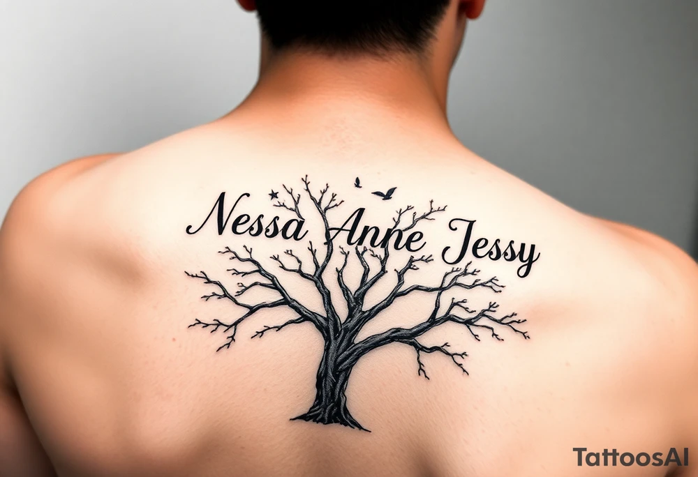 the name Nessa, Anne, Jessy
 on a live tree tattoo idea