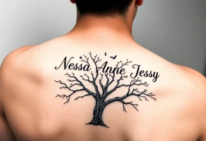 the name Nessa, Anne, Jessy
 on a live tree tattoo idea