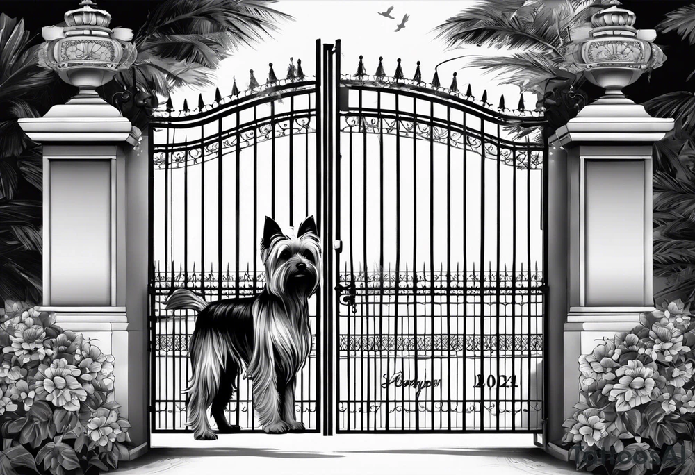 Yorkshire terrier standing outside of paradise. The gate is half opened. On the gate is written the date 05.06.2024 tattoo idea