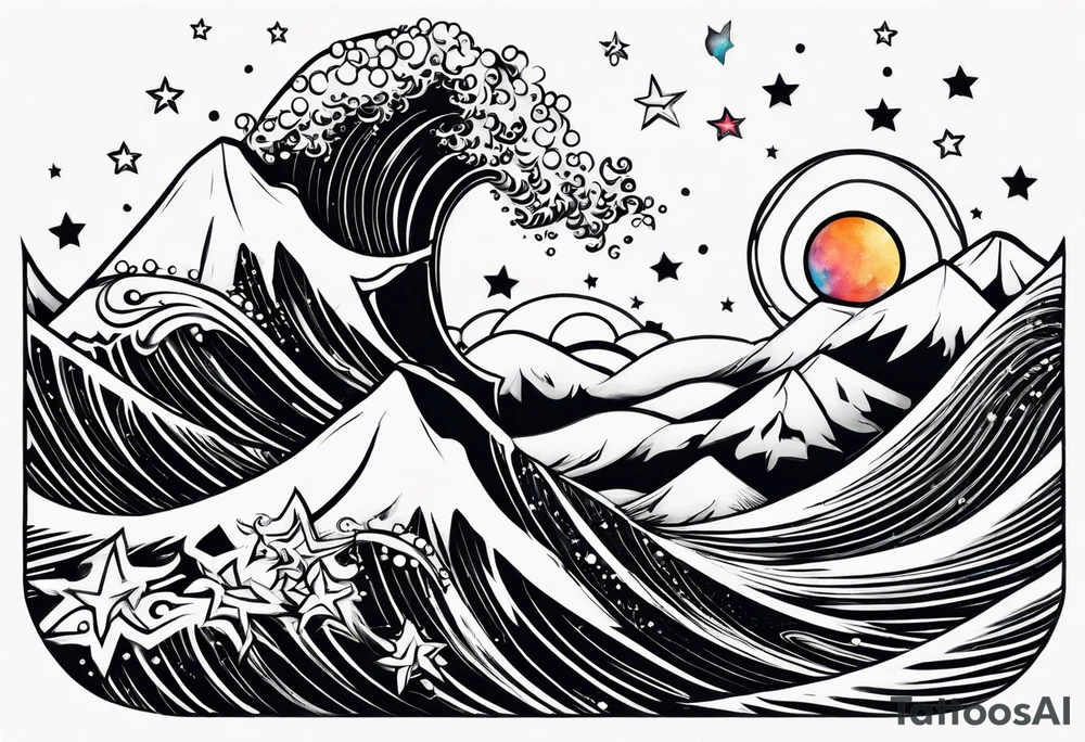 Mountain Peak, waves, two littel coloured stars tattoo idea