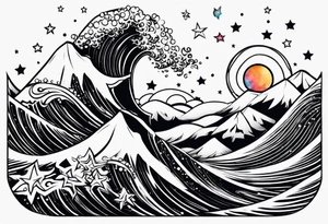 Mountain Peak, waves, two littel coloured stars tattoo idea