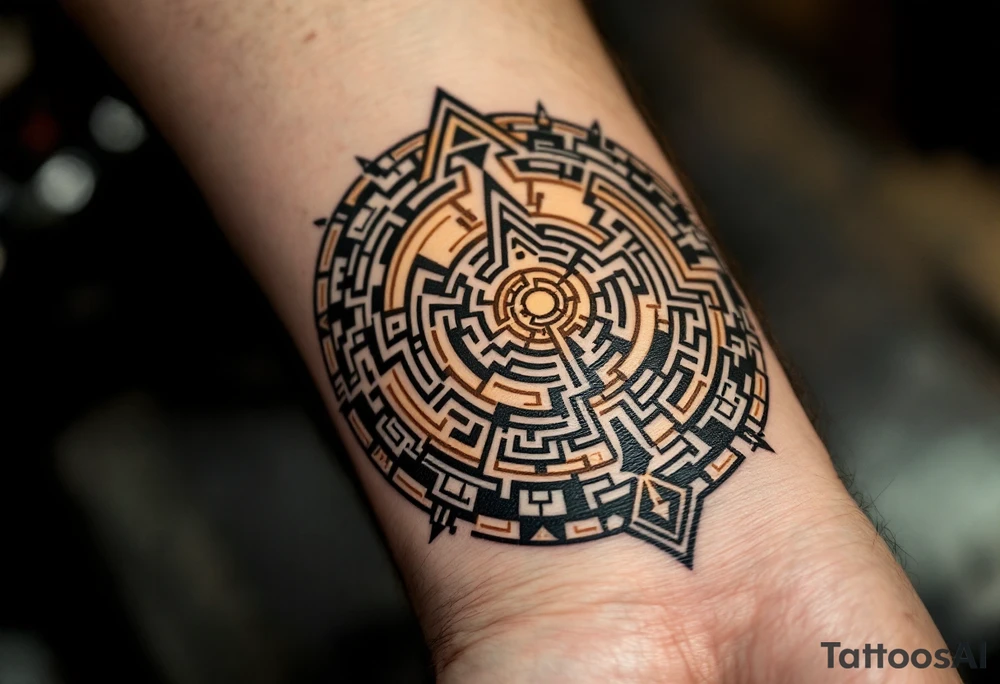 A circular tribal maze in dark brown and beige, inspired by Hopi labyrinth designs. tattoo idea
