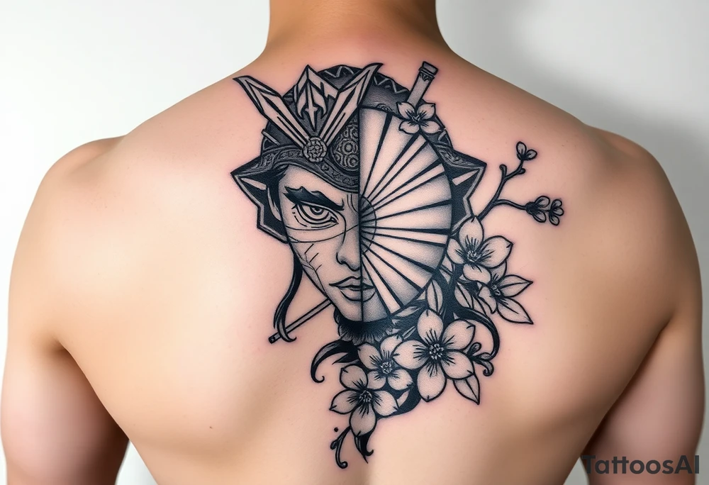 Samurai Asian face warrior and half
 with a fan across her face with cherry blossom tattoo idea