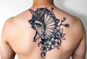 Samurai Asian face warrior and half
 with a fan across her face with cherry blossom tattoo idea