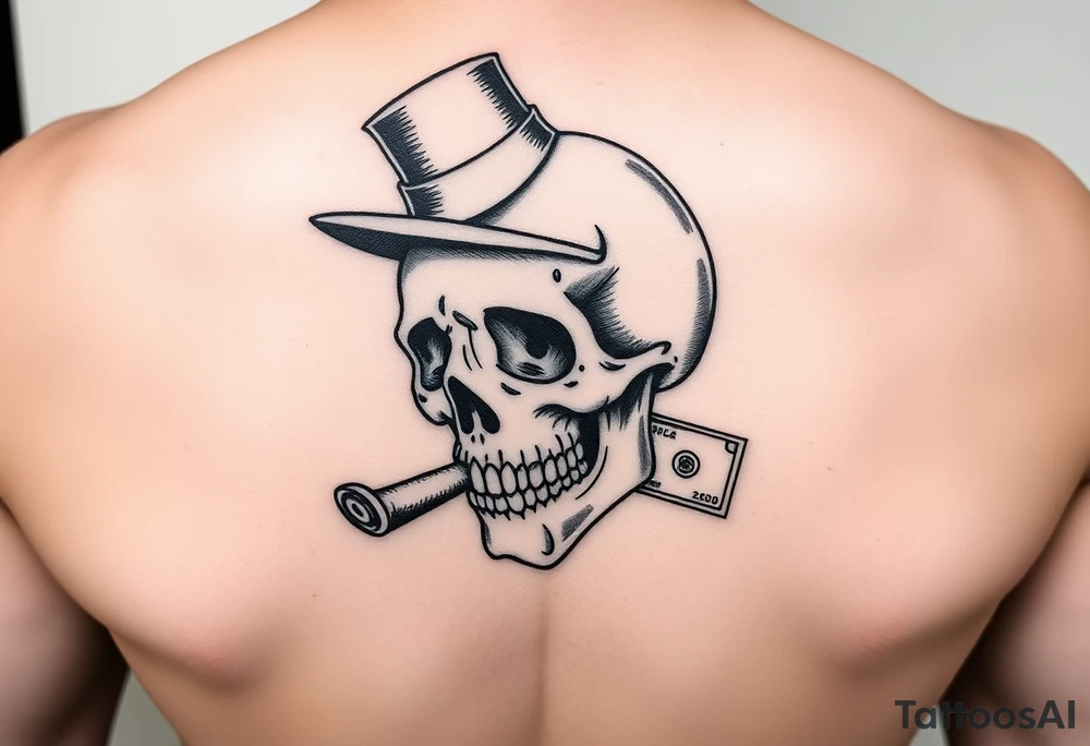 skull with mustache,a cigar in his mouth,a top-hat on his head and money in a hand. tattoo idea