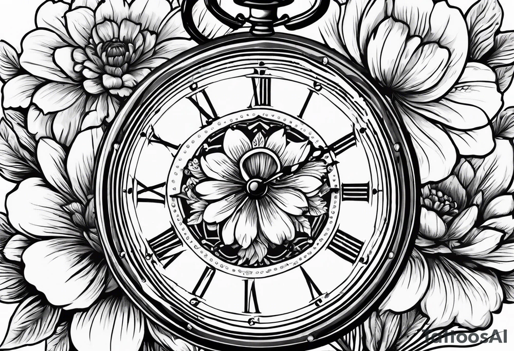 Vintage pocket watch with one marigold flower. tattoo idea