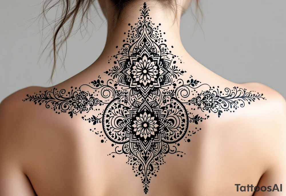 spine tattoo design with symmetrical ornamental patterns, combining dotwork, mandala elements, and flowing lines that follow the natural curves of the body. The design is intricate and balanced.” tattoo idea