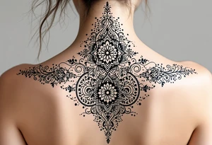 spine tattoo design with symmetrical ornamental patterns, combining dotwork, mandala elements, and flowing lines that follow the natural curves of the body. The design is intricate and balanced.” tattoo idea