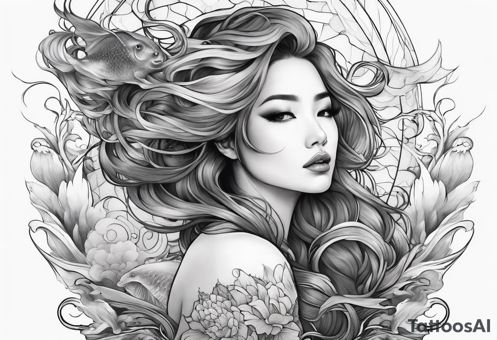 Full-body portrait of an ethereal woman of the sea tattoo idea