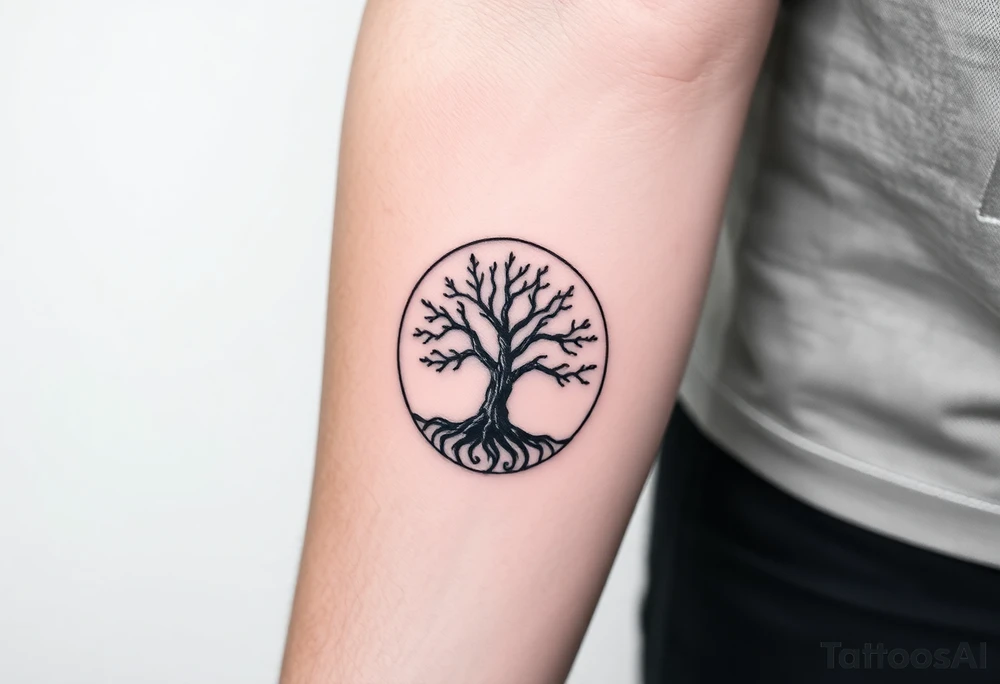 Tree encircled in a spiral circle coming from the center of the tree tattoo idea