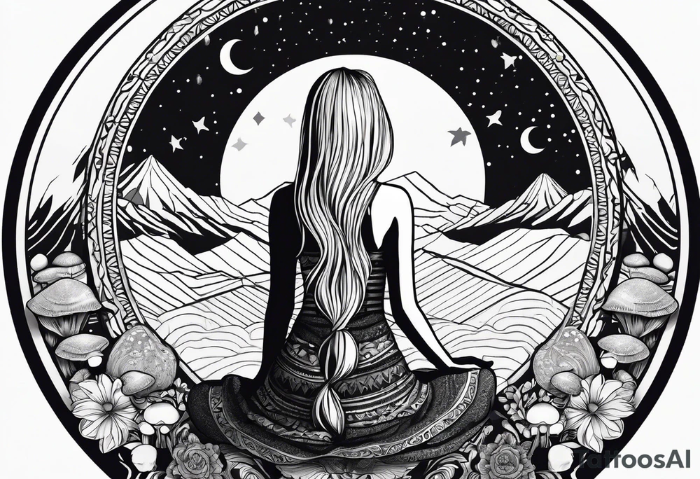 Straight blonde hair girl meditating facing away toward mountains surrounded by mushrooms crescent moon mandala circular design black and white striped dress tattoo idea
