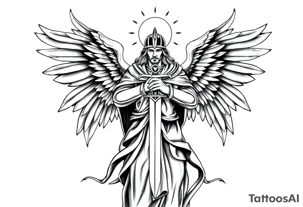 Holy Archangel, Biblical, Christianity, Hebrew, Guards of Christianity, Holding a sword, has six wings, wearing helmet, halo, seraphim, seek justice, walk only with God tattoo idea