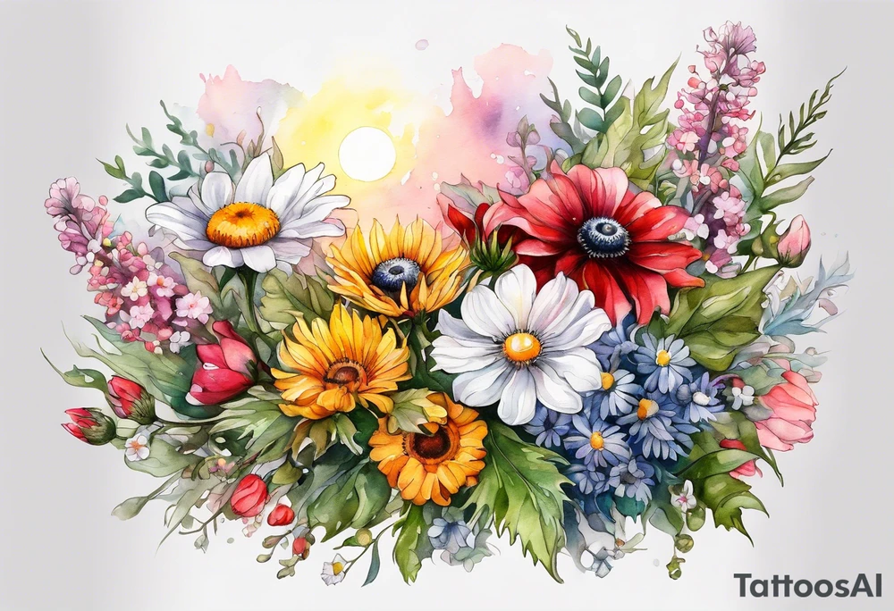 wildflowers cascading with thistles, ferns, white anemones, sun flowers, buttercups, pink flowers, red flowers, babys breath and daisies all in watercolor tattoo idea