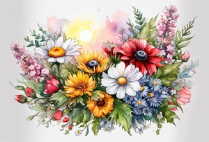 wildflowers cascading with thistles, ferns, white anemones, sun flowers, buttercups, pink flowers, red flowers, babys breath and daisies all in watercolor tattoo idea