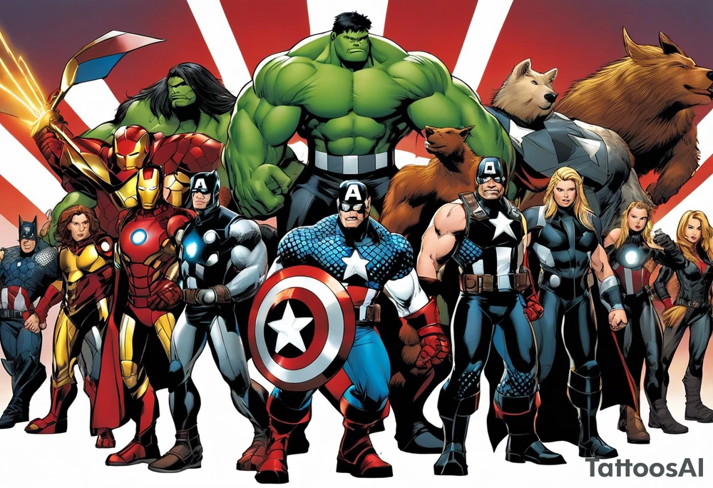 I want to change Avengers Team characters with animals. Hulk will be represented by a Badger.
Thor will be depicted as an Alpha Grey Wolf.
Captain America will be symbolized by a Bull.
Iron Man's character will be embodied by a Canary.
Black Widow's role will be portrayed by an Axolotl.
Hawkeye will be depicted as a Sudan Plated Lizard.
Nick Fury will be represented by a Cat. tattoo idea