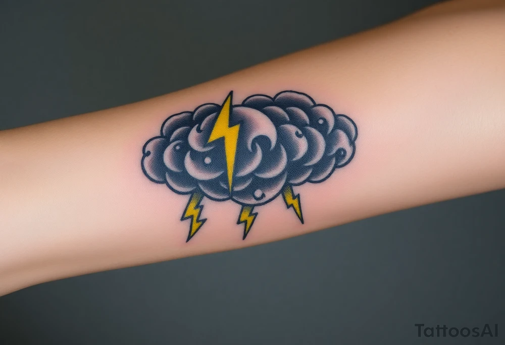 Black dark menacing storm clouds with creepy yellow lightning bolts tattoo idea