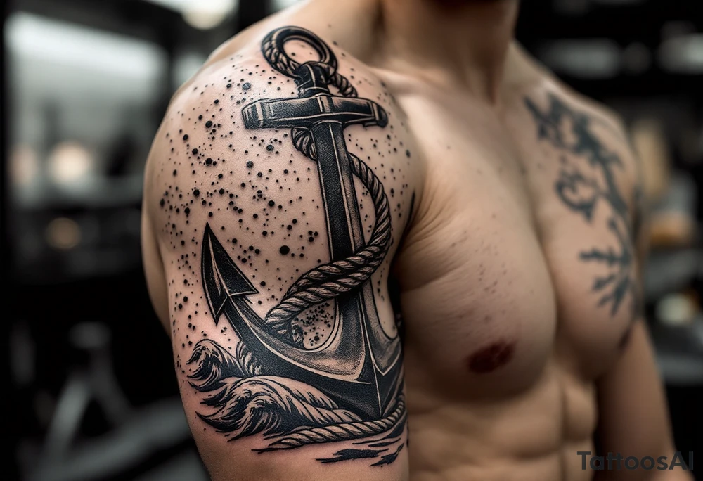 weathered anchor wrapped in nautical rope with sea waves tattoo idea