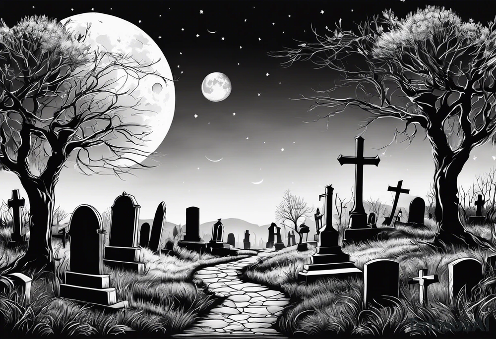 graveyard with moon with the words death where is your sting tattoo idea