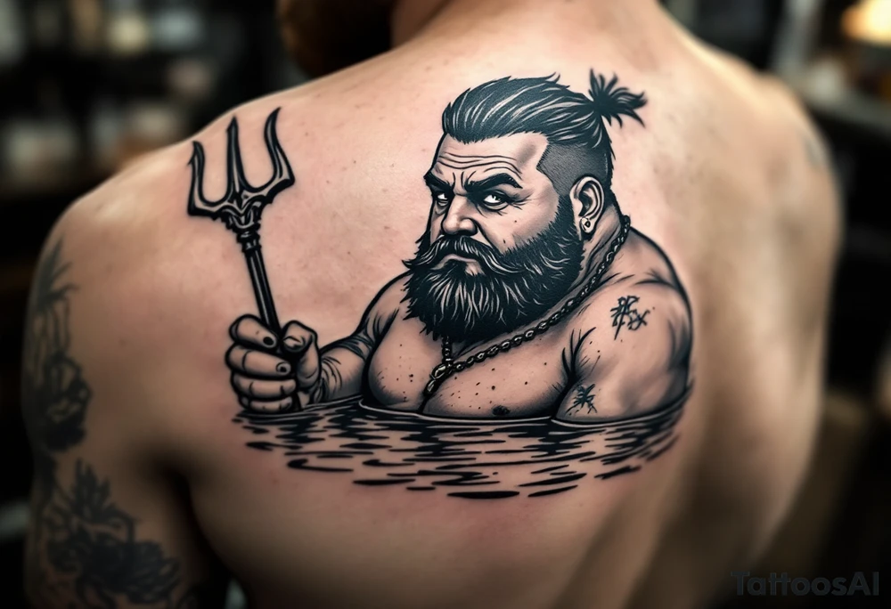 Gay fat guy, without beard, with trident, half way in calm water, with a beer tattoo idea