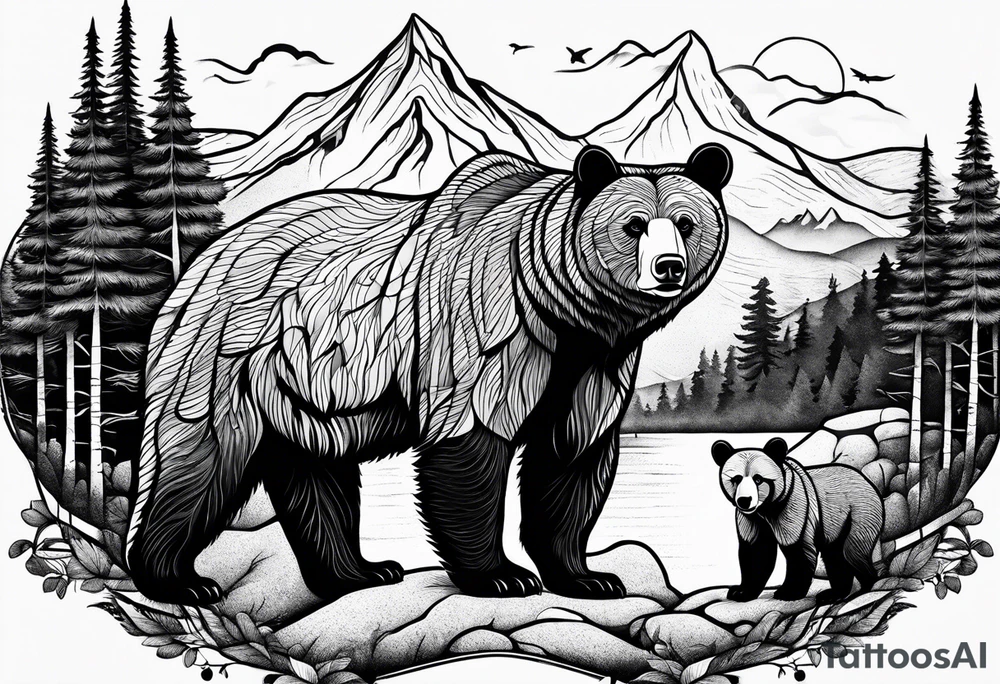 mamma bear and cub with mountains tattoo idea