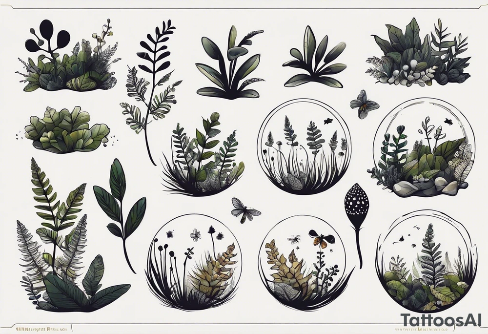 forest floor inspired minimalist tattoo, which includes grass, curly ferns, moss and dead leaves as the bulk of the tattoo. details to include: forest berries, a tiny bumblebee flying nearby, three small brown mushrooms
Generate a vertically long one tattoo idea