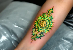 This golden Celtic sun, with emerald green knotwork, glows like an ancient druidic emblem on the forearm. tattoo idea