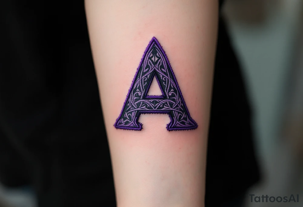 A stitched "A" design in dark purple and black, resembling embroidery. tattoo idea
