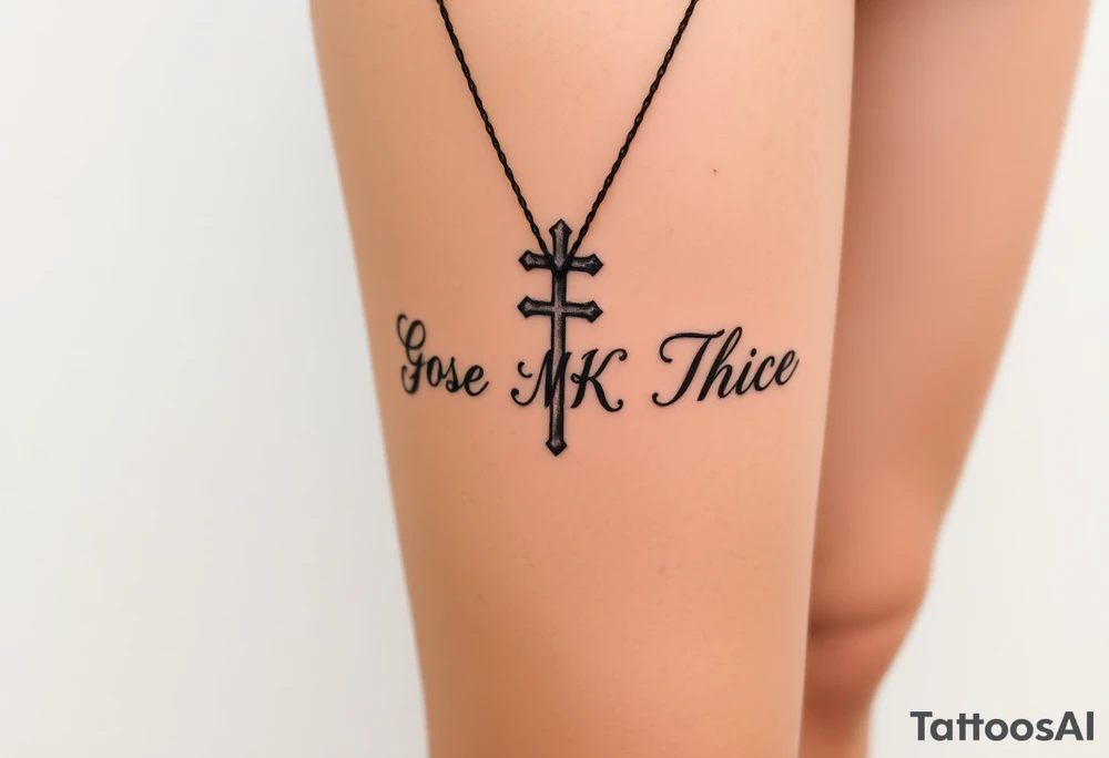 Cross with necklace on leg with initial MK tattoo idea