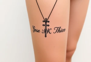 Cross with necklace on leg with initial MK tattoo idea