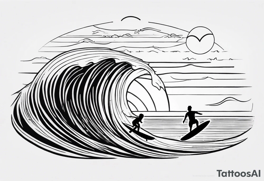 Black and white Line work tattoo depicting a father surfing with his two daughters.  The sunset and horizon have musical notes. tattoo idea