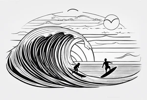 Black and white Line work tattoo depicting a father surfing with his two daughters.  The sunset and horizon have musical notes. tattoo idea